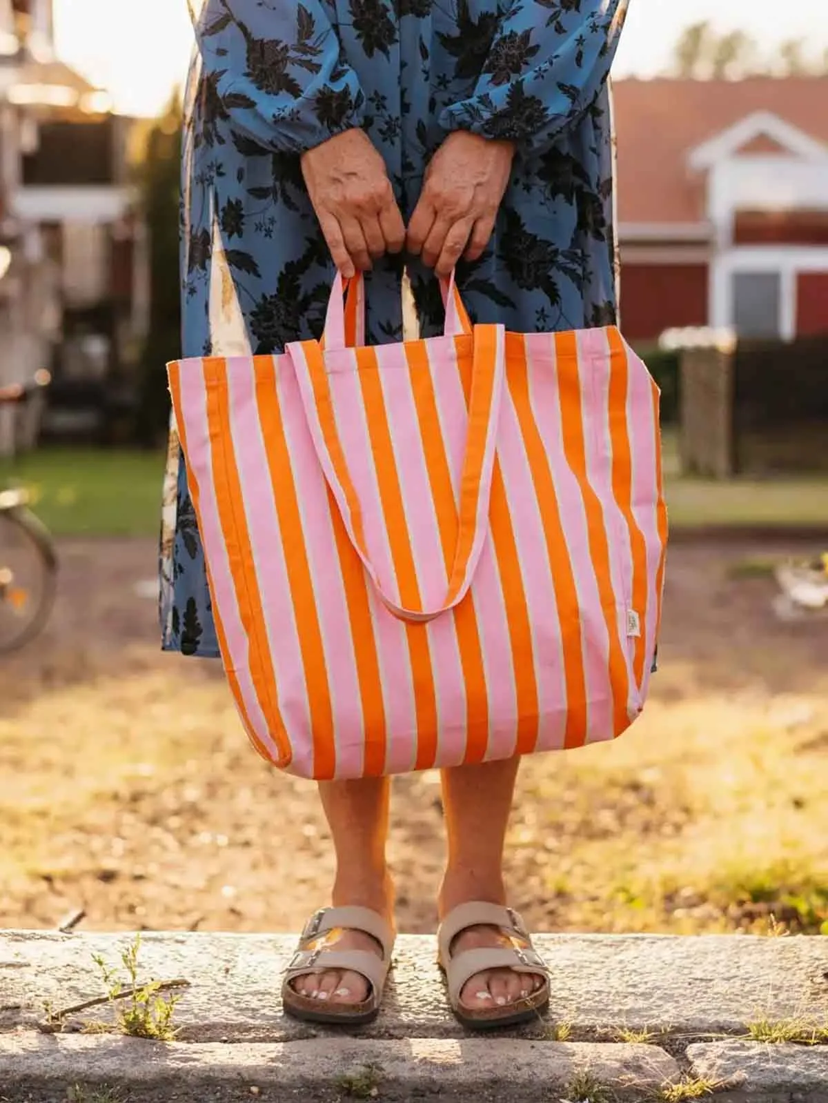 Canvas "Totebag" (40 x 37 cm) - Stribet i orange og lyserød