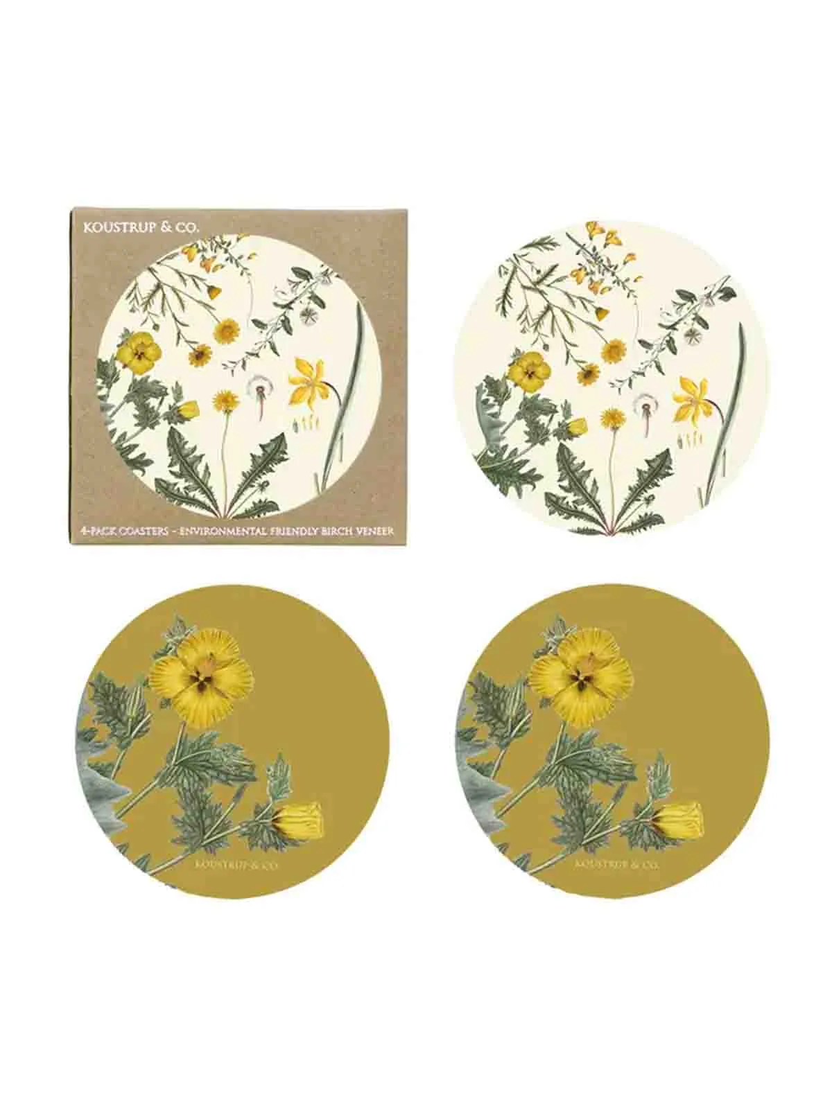 Coasters med to sider (4 stk) - Gul flora danica