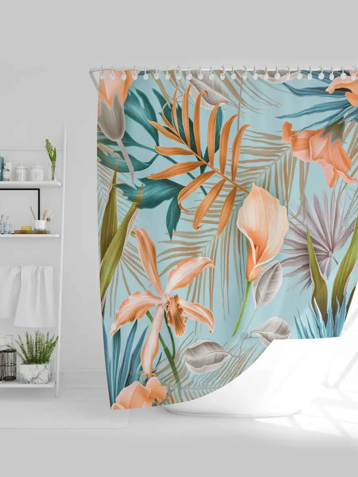 Badeforhæng (180 x 200 cm)- Mint med blomster i koral